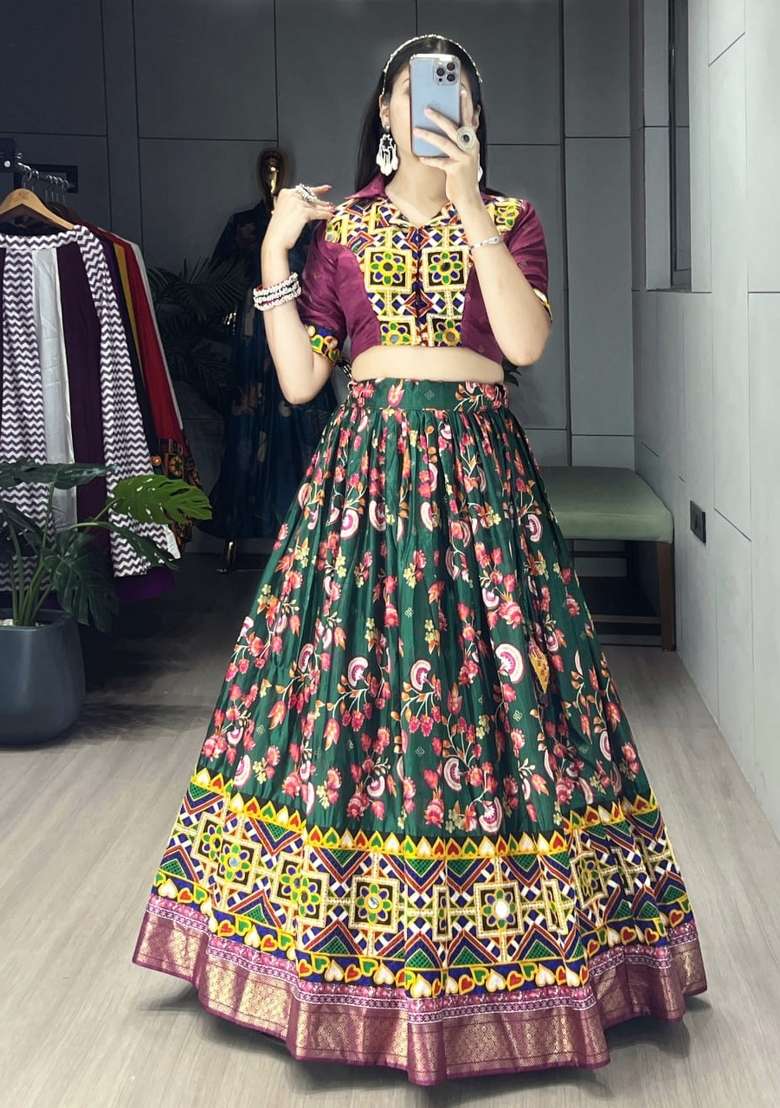 Green And White Floral Print Silk Navratri Lehenga Set for Diwali and Festive Wear - Indya