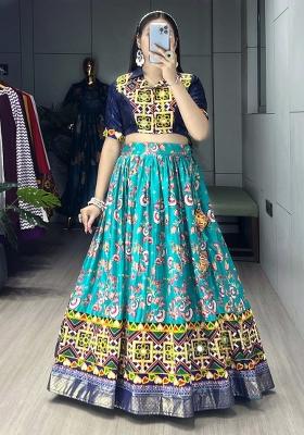 Blue And Firozi Floral Print Silk Navratri Lehenga Set