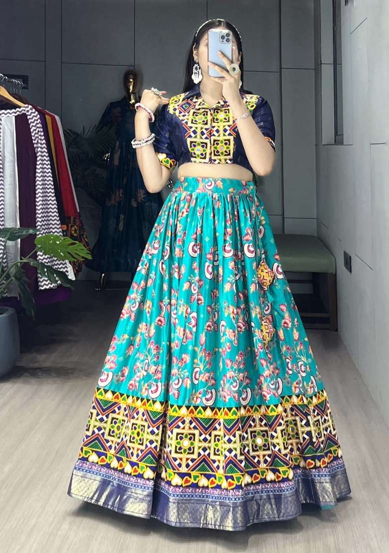 Blue And Firozi Silk Navratri Lehenga Set with Floral Print for Diwali | Wedding & Festive Wear - Indya