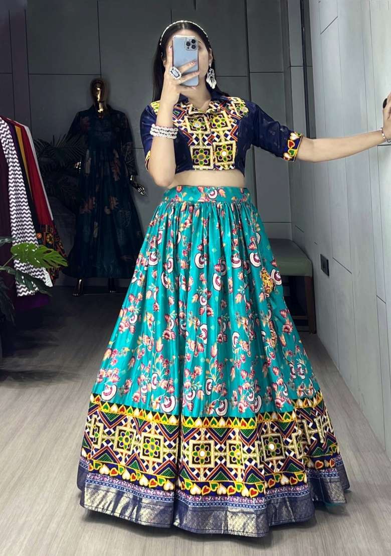 Blue And Firozi Silk Navratri Lehenga Set with Floral Print for Diwali | Wedding & Festive Wear - Indya