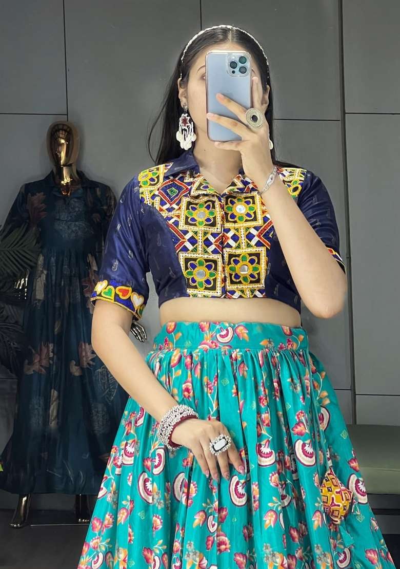Blue And Firozi Silk Navratri Lehenga Set with Floral Print for Diwali | Wedding & Festive Wear - Indya