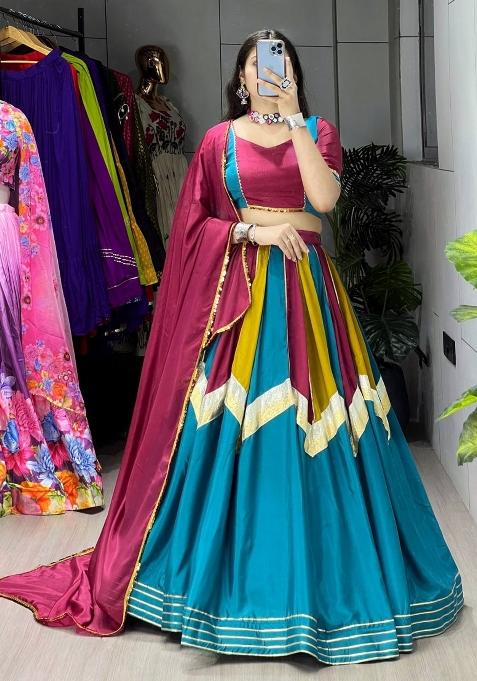 Multicolor Lace Work Chinon Navratri Lehenga Set