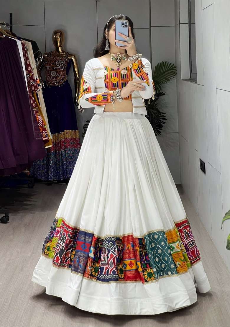 White Navratri Cotton Lehenga Set with Printed for Diwali | Wedding & Festive Wear - Indya