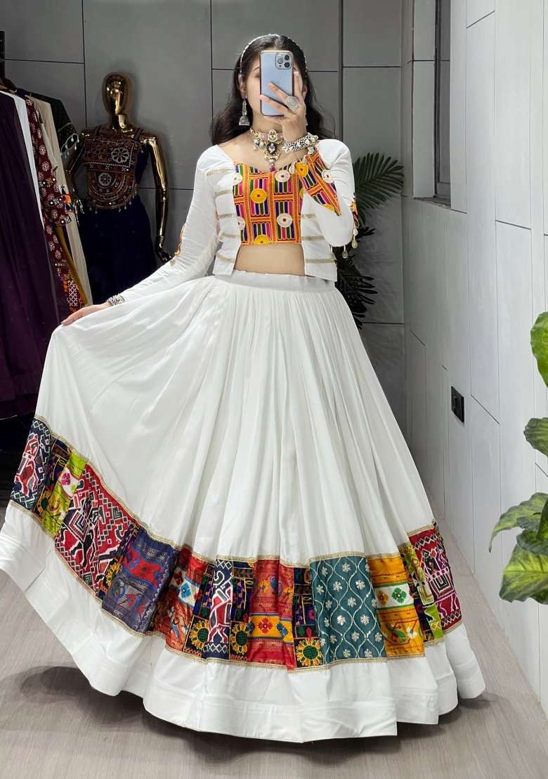 White Navratri Cotton Lehenga Set with Printed for Diwali | Wedding & Festive Wear - Indya