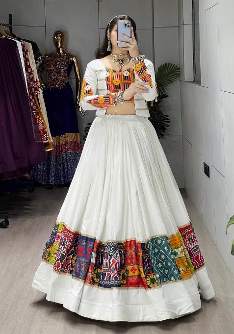 White Printed Cotton Navratri Lehenga Set