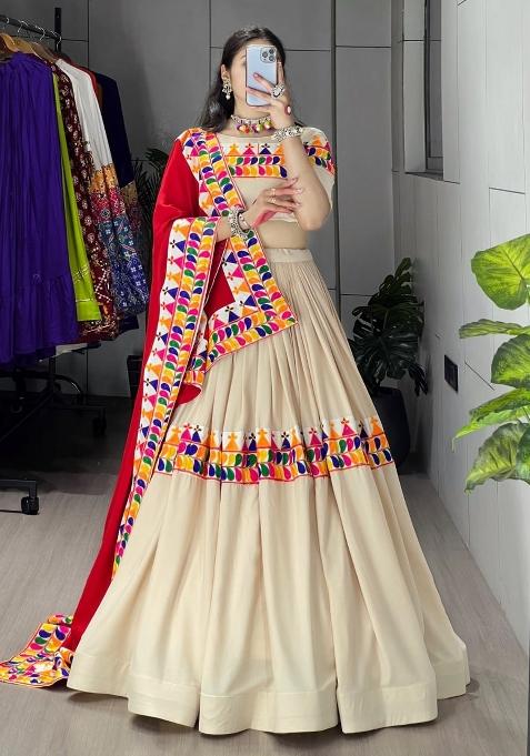 Cream Gamthi Work Cotton Navratri Lehenga Set