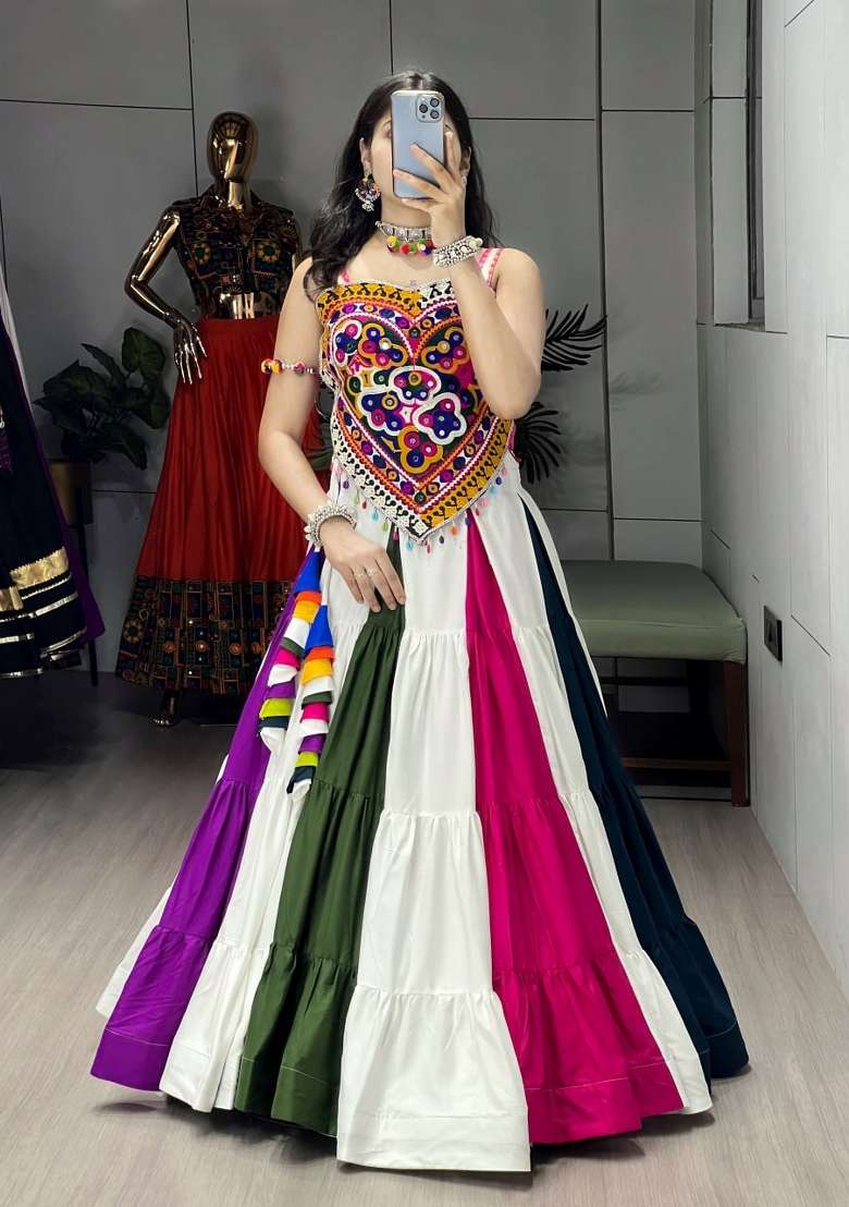 Multicolor Mirror Work Silk Navratri Lehenga Set for Diwali and Festive Wear - Indya