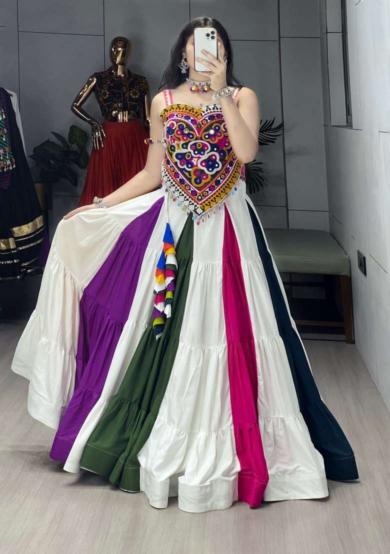 Multicolor Mirror Work Silk Navratri Lehenga Set for Diwali and Festive Wear - Indya