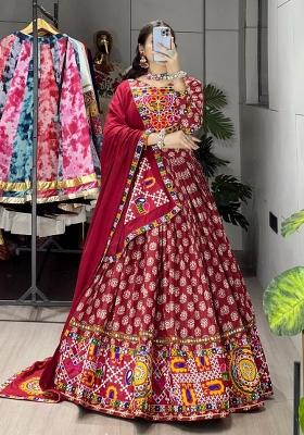 Maroon Printed Cotton Navratri Lehenga Set