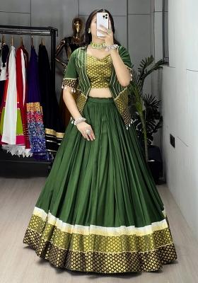Mehendi Plain Cotton Navratri Lehenga Set