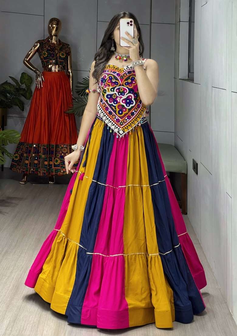 Multicolor Silk Navratri Lehenga Set with Mirror Work for Diwali | Wedding & Festive Wear - Indya