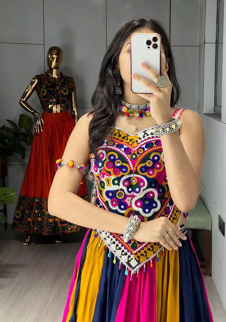 Multicolor Silk Navratri Lehenga Set with Mirror Work for Diwali | Wedding & Festive Wear - Indya