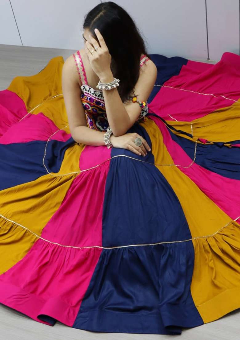 Multicolor Silk Navratri Lehenga Set with Mirror Work for Diwali | Wedding & Festive Wear - Indya