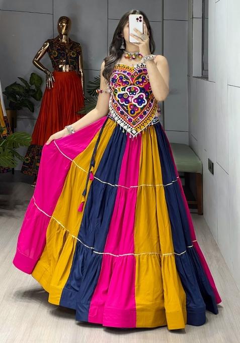 Multicolor Mirror Work Silk Navratri Lehenga Set