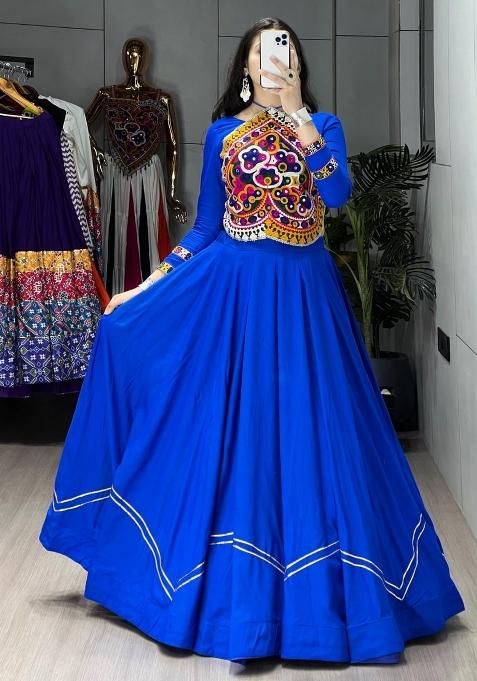 Royal Blue Mirror Work Cotton Navratri Lehenga Set