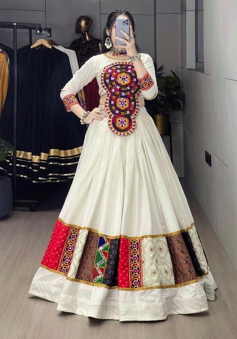 White Kutch Work Cotton Navratri Lehenga Set