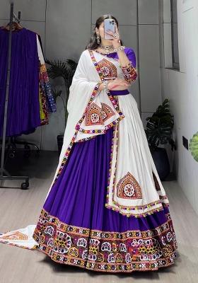 Purple And White Gamthi Work Cotton Navratri Lehenga Set