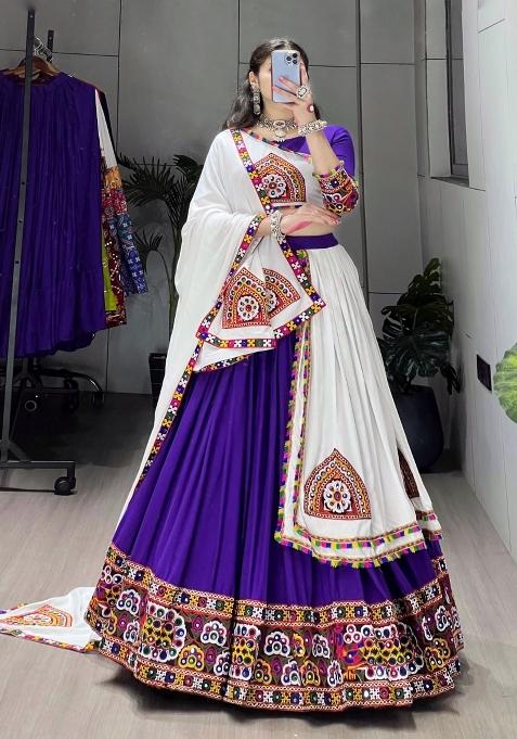 Purple And White Gamthi Work Cotton Navratri Lehenga Set