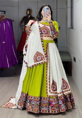 Parrot And White Gamthi Work Cotton Navratri Lehenga Set