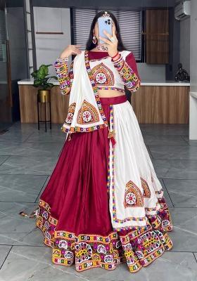 Maroon And White Gamthi Work Cotton Navratri Lehenga Set