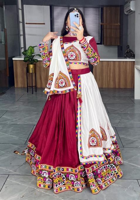 Maroon And White Gamthi Work Cotton Navratri Lehenga Set