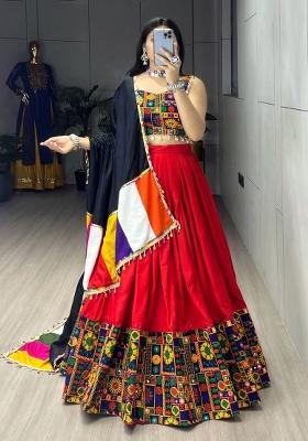 Red Gamthi Work Cotton Navratri Lehenga Set