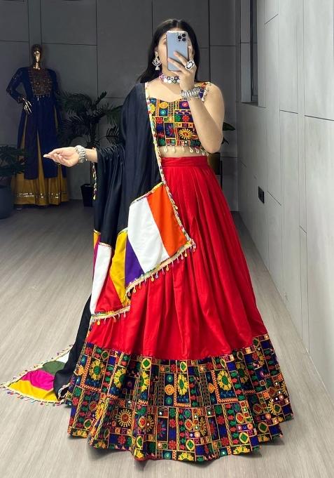 Red Gamthi Work Cotton Navratri Lehenga Set