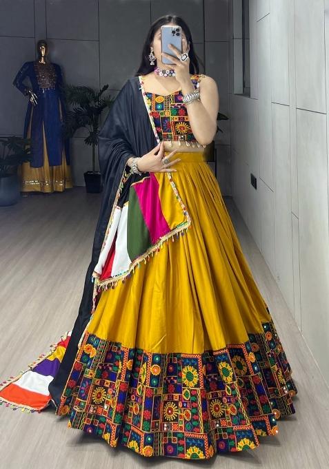 Mustard Yellow Gamthi Work Cotton Navratri Lehenga Set