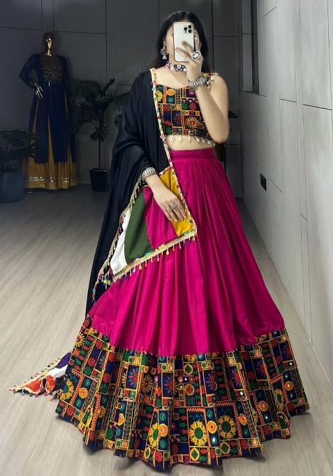 Rani Pink Gamthi Work Cotton Navratri Lehenga Set