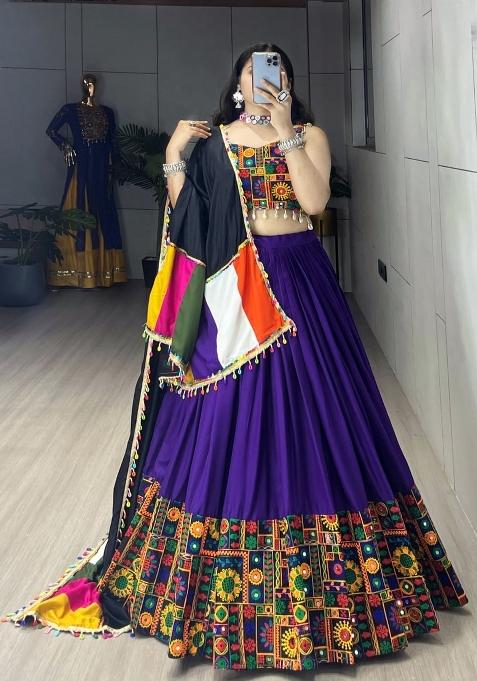 Purple Gamthi Work Cotton Navratri Lehenga Set