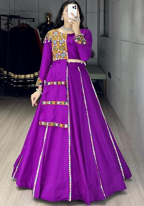 Purple Gamthi Work Cotton Navratri Lehenga Set