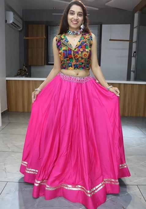 Rani Pink Gamthi Work Cotton Navratri Lehenga Set