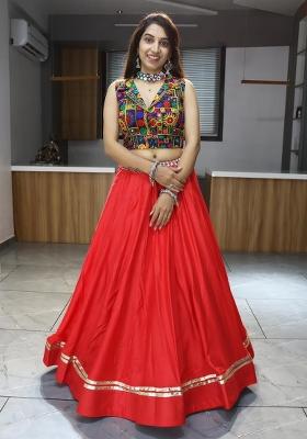 Red Gamthi Work Cotton Navratri Lehenga Set