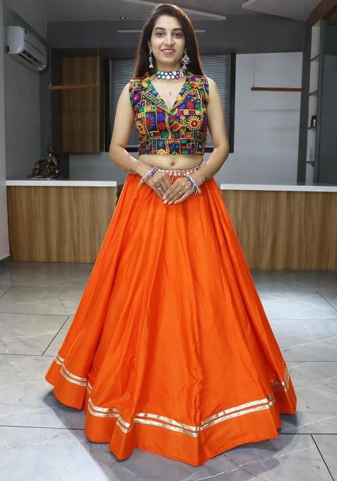 Orange Gamthi Work Cotton Navratri Lehenga Set