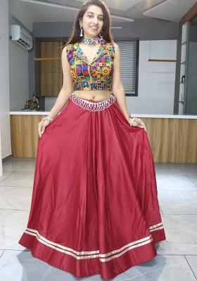 Maroon Gamthi Work Cotton Navratri Lehenga Set
