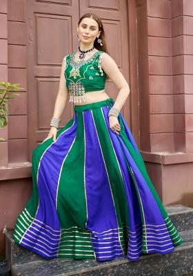 Forest Green And Royal Purple Embroidered Cotton Navratri Lehenga Set