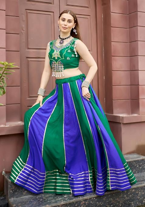 Forest Green And Royal Purple Embroidered Cotton Navratri Lehenga Set