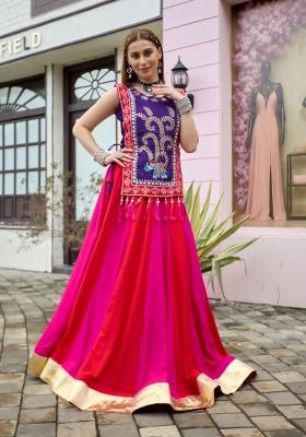 Megenta Pink And Deep Voiolet Purple Embroidered Cotton Navratri Lehenga Set