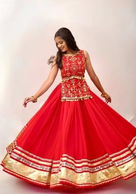 Scarlet Red Embroidered Georgette Navratri Lehenga Set
