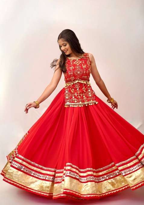 Scarlet Red Embroidered Georgette Navratri Lehenga Set for Diwali and Festive Wear