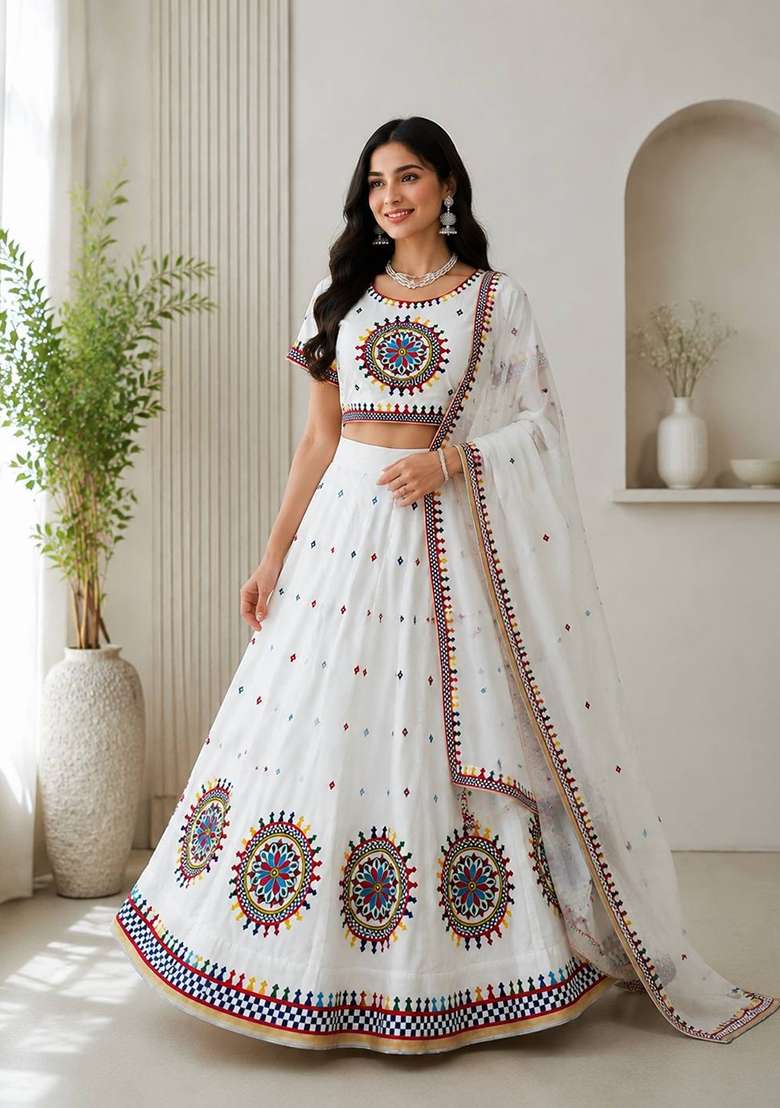 Off White Gamthi Work Cotton Navratri Lehenga Set for Diwali and Festive Wear - Indya
