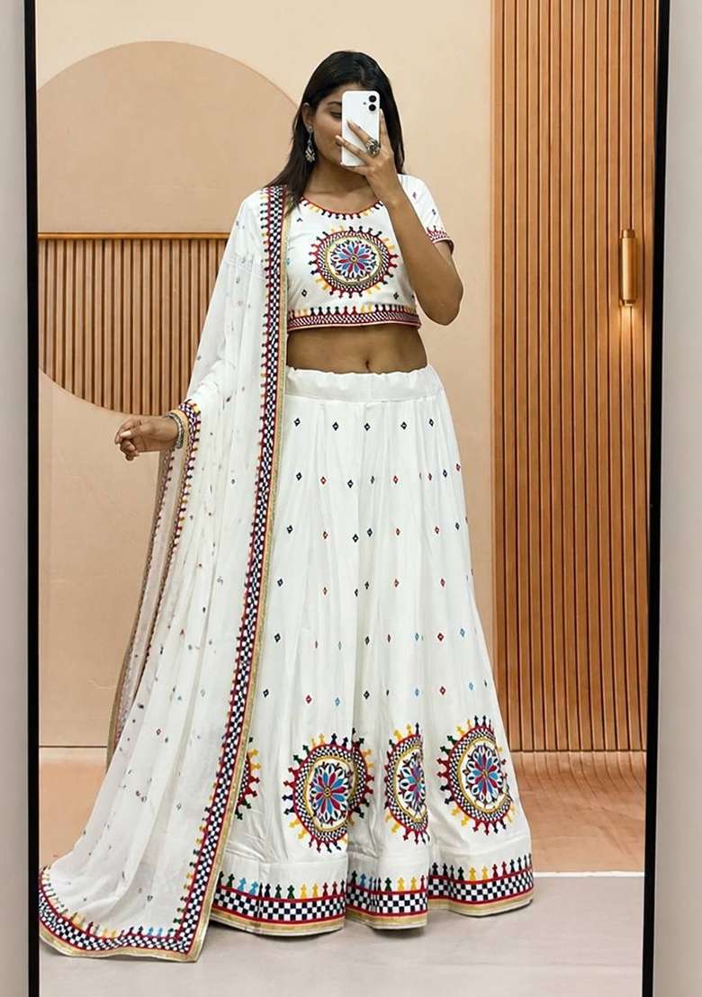 Off White Gamthi Work Cotton Navratri Lehenga Set for Diwali and Festive Wear - Indya