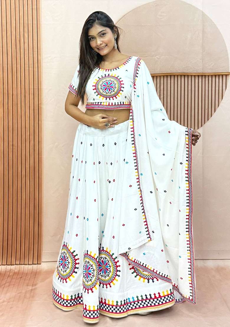 Off White Gamthi Work Cotton Navratri Lehenga Set for Diwali and Festive Wear - Indya
