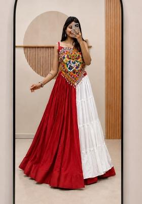 Royal Red And White Gamthi Work Cotton Navratri Lehenga Set