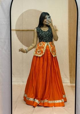 Rust Orange And Black Embroidered Cotton Navratri Lehenga Set
