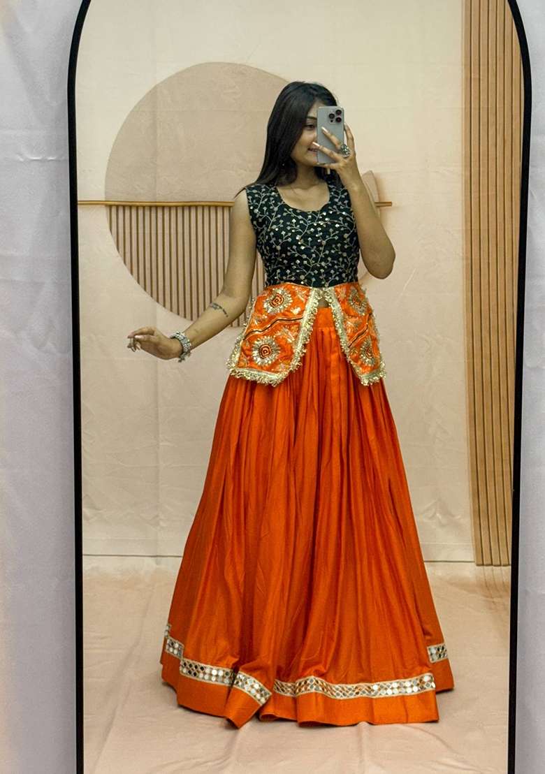 Rust Orange And Black Embroidered Cotton Navratri Lehenga Set for Diwali and Festive Wear - Indya