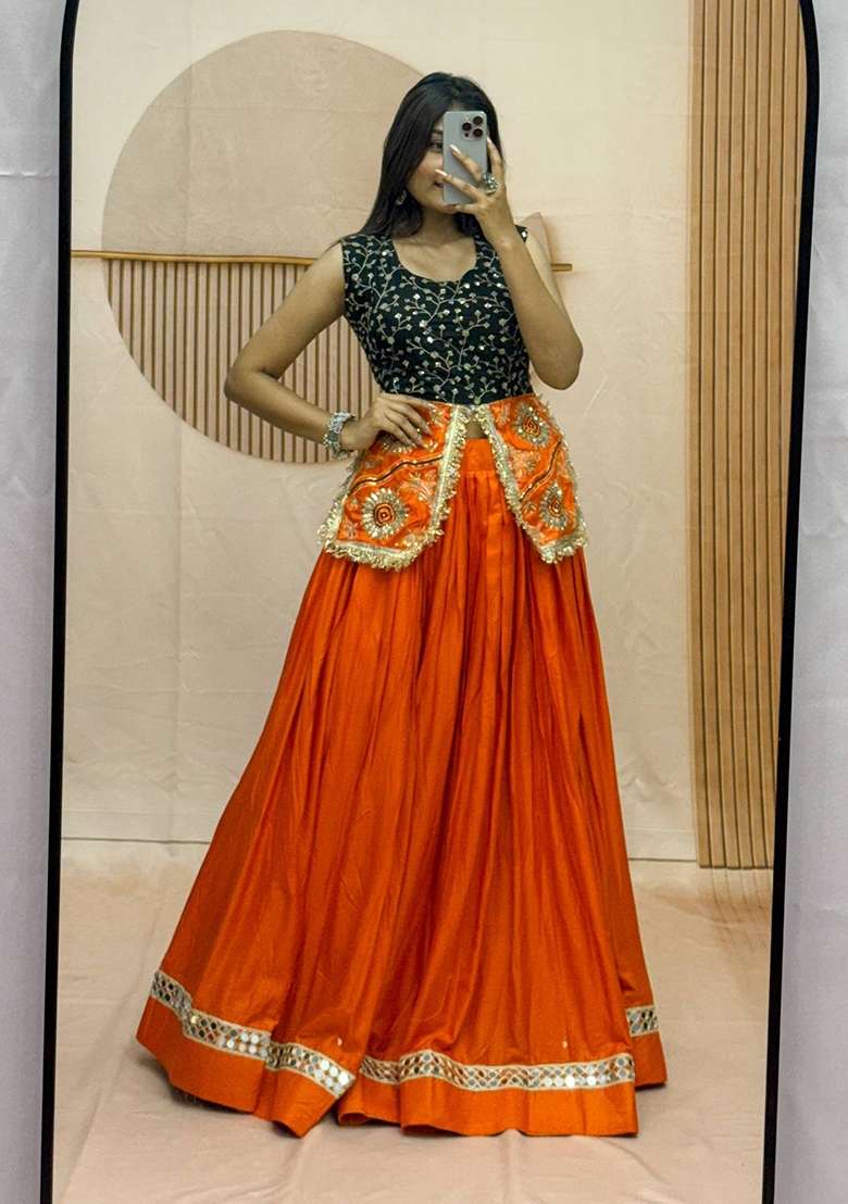 Rust Orange And Black Embroidered Cotton Navratri Lehenga Set for Diwali and Festive Wear - Indya