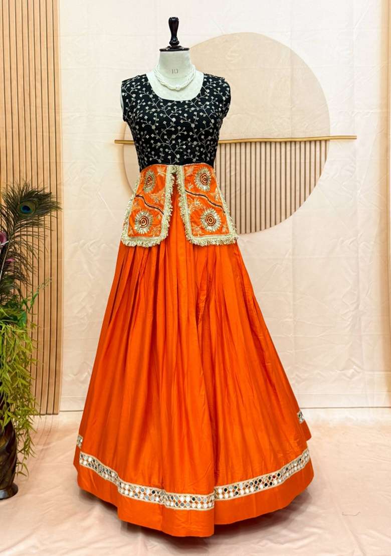 Rust Orange And Black Embroidered Cotton Navratri Lehenga Set for Diwali and Festive Wear - Indya