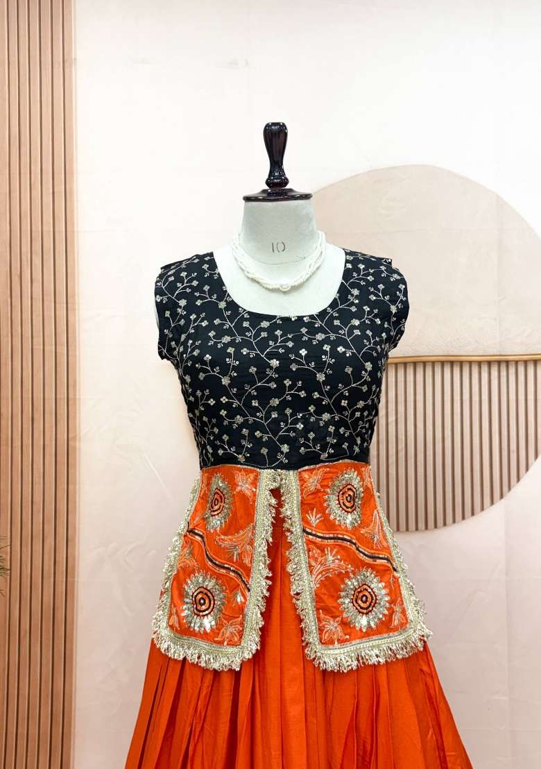 Rust Orange And Black Embroidered Cotton Navratri Lehenga Set for Diwali and Festive Wear - Indya