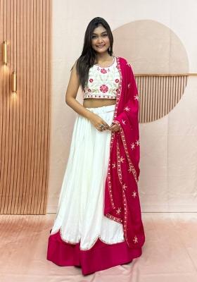 Off White And Magenta Pink Embroidered Cotton Navratri Lehenga Set